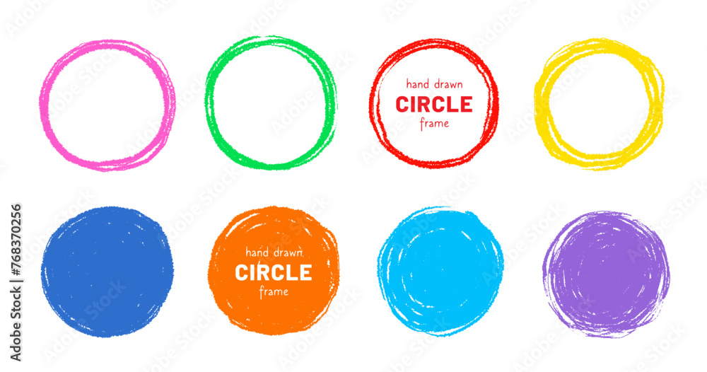 Scribble circle round vector frame. Hand drawn rough scribble effect line. Children color crayon brush stroke frame. Scribble hand drawn grunge doodle color circle set. Vector illustration Scribble circle round vector frame. Hand drawn rough scribble effect line. Children color crayon brush stroke frame. Scribble hand drawn grunge doodle color circle set. Vector illustration