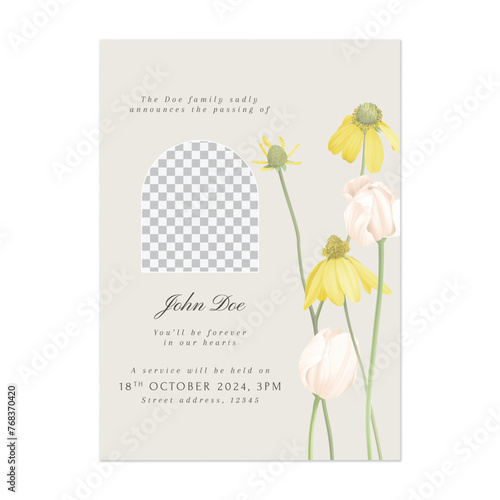 Floral funeral invitation template, minimalist tulips and cutleaf coneflower on light brown background