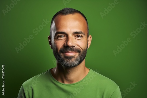 Portrait of a happy man with beard and mustache against a green background