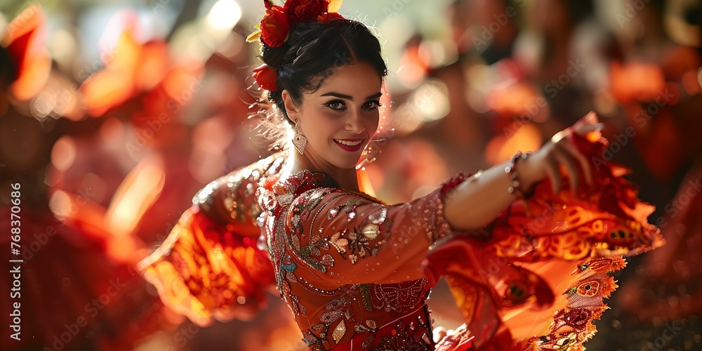 A woman in a red dress is dancing in front of a crowd A woman in a red dress is dancing in front of a crowd