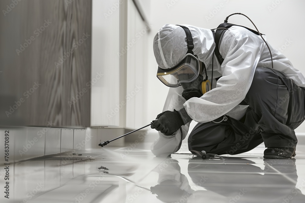 A man in a white lab coat is spraying a floor with a spray bottle