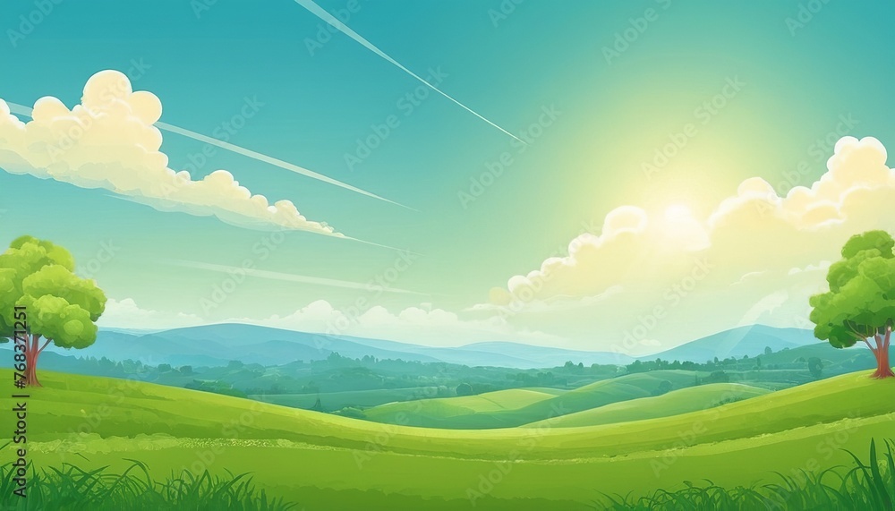 Springtime Serenity: A Panoramic View of Green Fields and Blue Skies