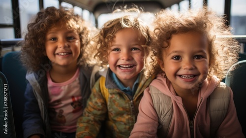 Joyful ride: fun students on a school bus, sharing laughter and creating memories on their journey to school, embodying the spirit of friendship and adventure during their commute together