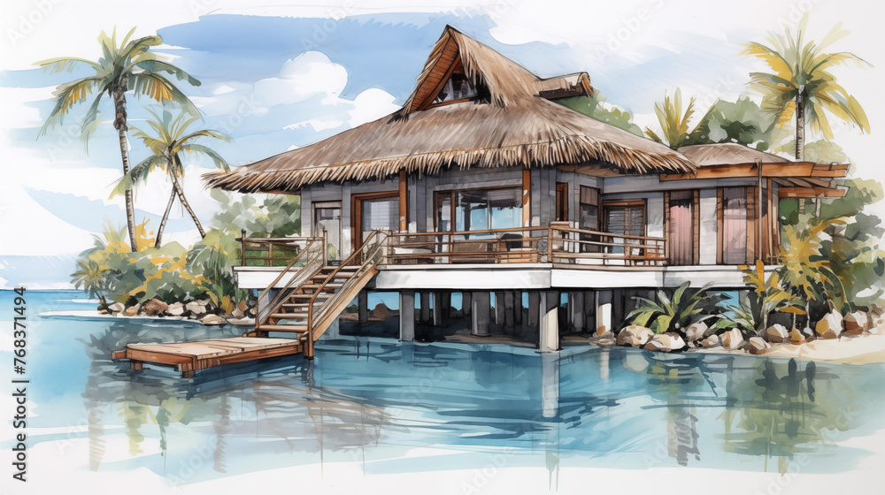 aquarelle d'une maison sur pilotis au bord de l'eau