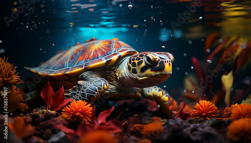 Beautiful colorful turtle underwater wallpaper image background created with a generative ai technology