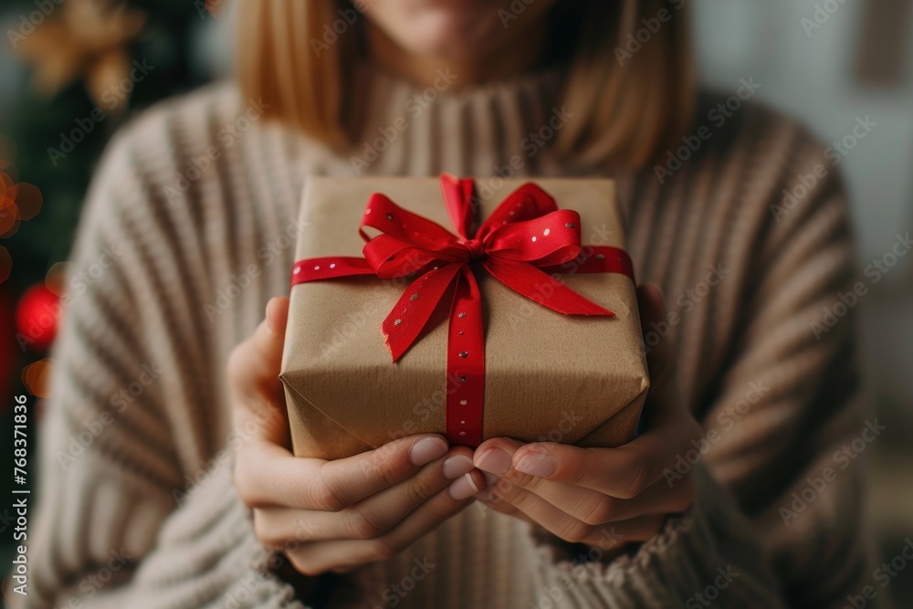 Woman hands holding the gift, presenting the box with bow.. Woman hands holding the gift, presenting the box with bow..