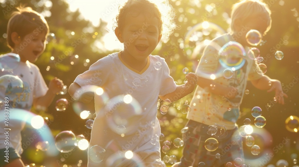 Fototapeta premium A group of preschoolers chase after bubbles their laughter echoing in the sunshine. Unbeknownst to them the bubbles are being made . AI generation.