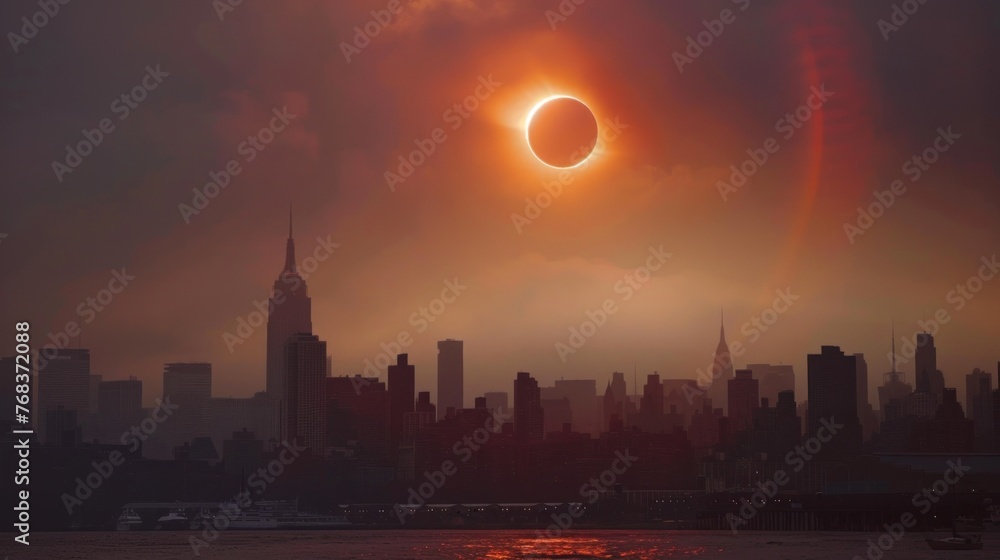 A large solar eclipse is setting over a city skyline. - obrazy, fototapety, plakaty 