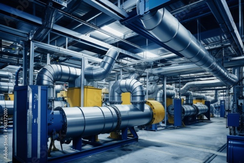 Factory Scene Featuring a Dust Collector System Surrounded by Industrial Machinery and Steel Structures