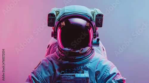 A close up of an astronaut in a purple helmet, wearing pink sleeves and violet sports gear as personal protective equipment in a magenta vehicle