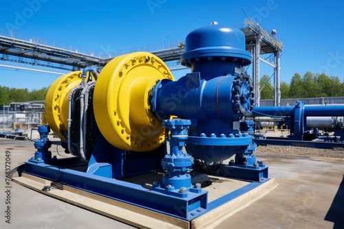 Heavy-duty slurry pump in action within an industrial setting filled with metallic structures and piping photo