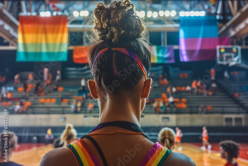 Young Athlete with Rainbow Headband Standing in Basketball Court with Pride Flags in Background photo