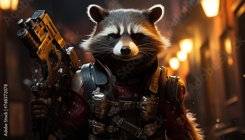raccoon soldier with a big gun wallpaper created with a generative ai technology
