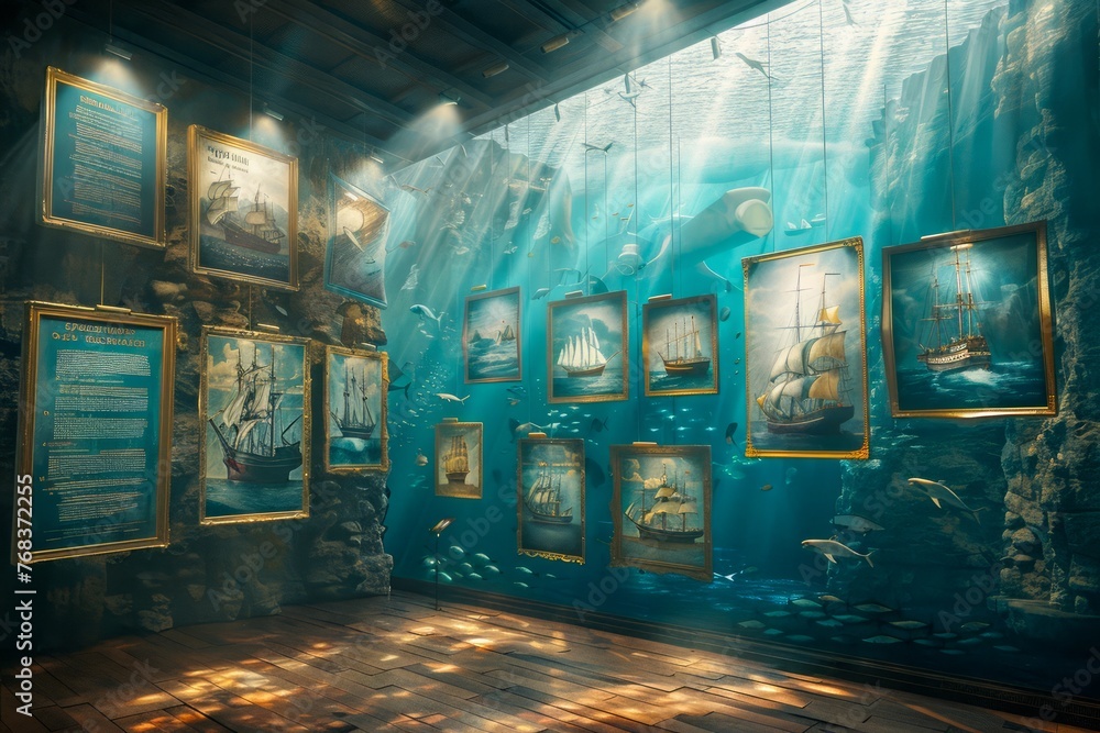 Naklejka premium Underwater Art Gallery with Sun Rays Illuminating Paintings on Ocean Floor