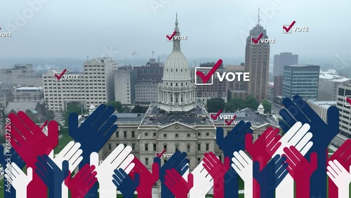 Capitol building with vote and American hands animation. Smoky, hazy overcast day in Lansing, Michigan after Canadian wildfires. Special effects with voting and election theme in USA. photo