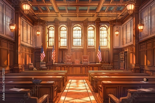 Majestic Classic Courtroom Interior with American Flags, Wooden Benches and Sunlight Streaming Through Tall Windows