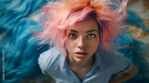 Woman with colorful pink and blue hair looking up, blue shirt on a textured background.