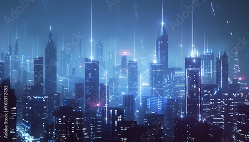 Neon-lit Urban Nexus, A Futuristic Cityscape of Interconnected Skyscrapers in Shades of Blue and White © AhmadTriwahyuutomo