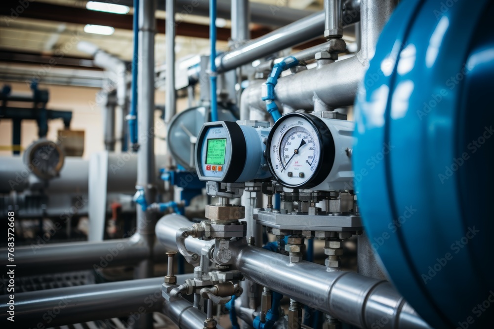 An Energy Meter in Focus with a Complex Array of Industrial Machinery Forming the Background Scene An Energy Meter in Focus with a Complex Array of Industrial Machinery Forming the Background Scene