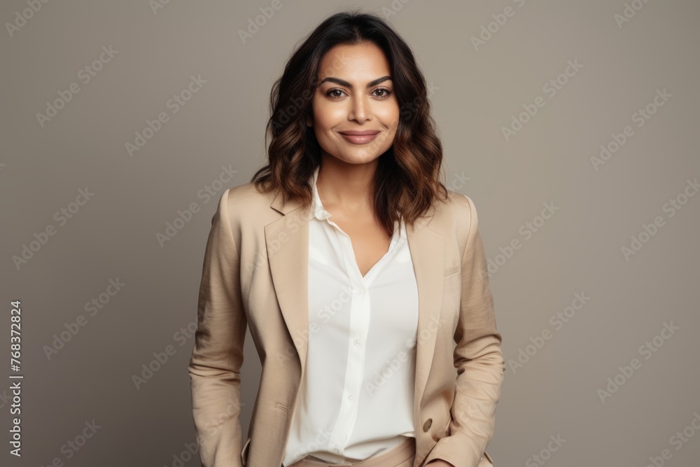 Portrait of smiling businesswoman in beige suit, looking at camera. Portrait of smiling businesswoman in beige suit, looking at camera.