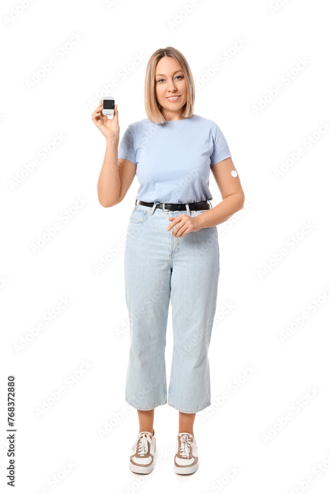 Diabetic woman with glucometer on white background Diabetic woman with glucometer on white background