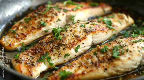 Close-up view of various fish cooking in a hot pan  sizzling and browning on both sides.