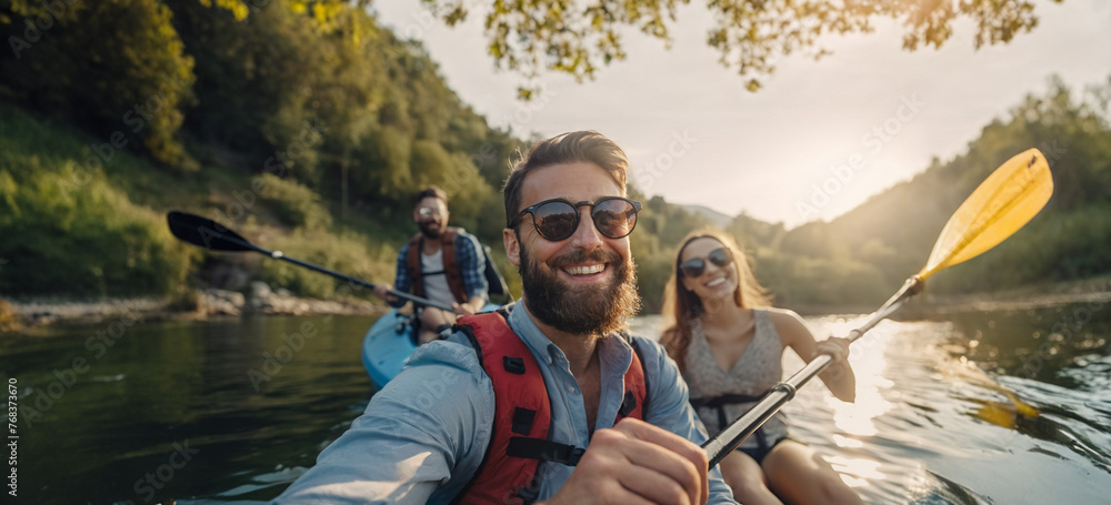 © wetzkaz - young adult man, with a young slim woman, on the sea, kayak or stand-up paddle SUP, fictional location © wetzkaz - young adult man, with a young slim woman, on the sea, kayak or stand-up paddle SUP, fictional location