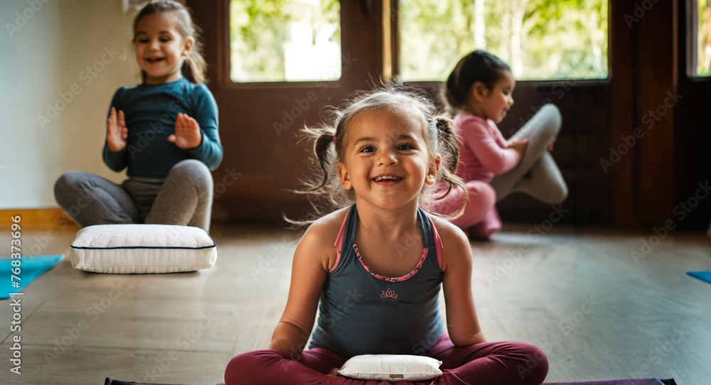 © wetzkaz - a little toddler, a girl doing yoga or dancing or ballet, fun and joy, a smile on the little girls face, black or african american, cute child