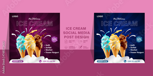 Super delicious ice cream social media banner promotional post or discount offer post design template, ice cream simple and modern creative social media post design, Delicious ice cream social media 
 photo