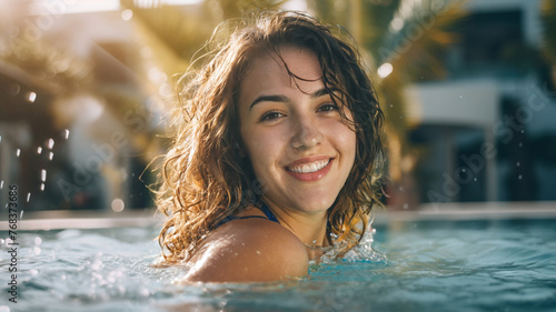 young adult woman swimming in swimming pool and splashing in water, caucasian, palm tree on background, villa or hotel or beach club, fictional location