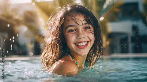 young girl child kid  teenager swimming in swimming pool and splashing in water  caucasian  palm tree on background  villa or hotel or beach club  fictional location