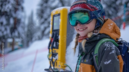 A young skier smiling as they charge their electronic devices at a solarpowered charging station conveniently located on the resort . AI generation.