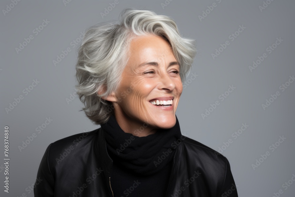 Portrait of a smiling senior woman with grey hair and a black scarf Portrait of a smiling senior woman with grey hair and a black scarf