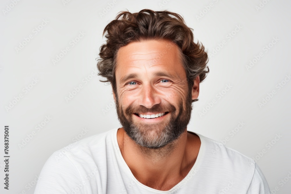 Handsome man with beard and mustache looking at camera and smiling while standing against grey background Handsome man with beard and mustache looking at camera and smiling while standing against grey background