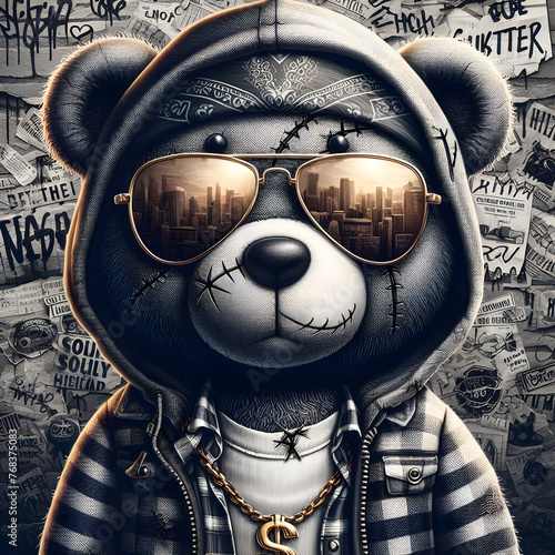 Digital art teddy bear wearing  gray classic clothes, hat, and  glasses