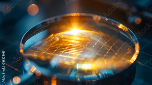 A closeup of a magnifying glass focusing the suns rays onto a small solar cell and producing a tiny amount of electricity. . AI generation. © Justlight