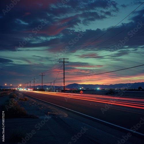 Desert highway, twilight glow, long shot from ground level , no grunge