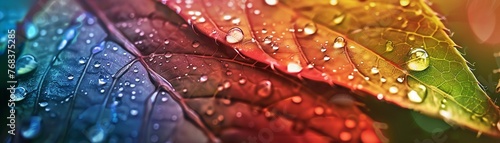 Dewy leaves spectrum, closeup, morning light rainbow , 8K resolution