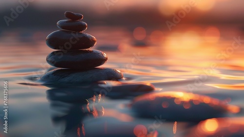 Balanced stones in water, zenlike calm, dusk lighting , no dust photo