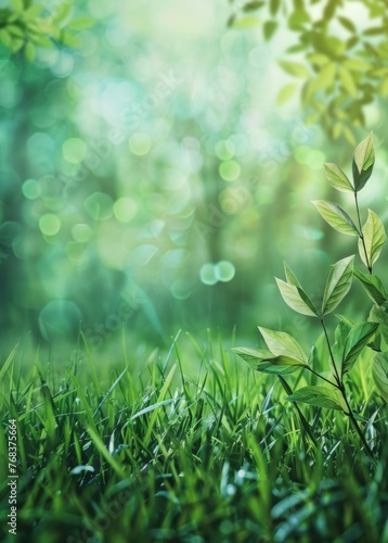 Spring background with green leaves and grass, nature concept