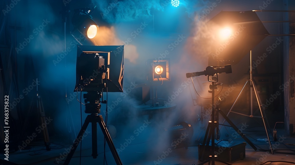 Cinematic Studio Setup with Dramatic Lighting and Smoky Atmosphere for Professional Photography or Videography Production
