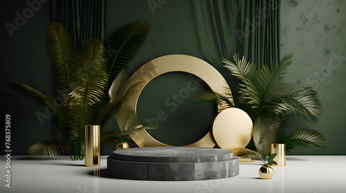 Fototapeta Naklejka Na Ścianę i Meble -  dark green gold tone e-commerce product display 3D stage horizontal version web page background