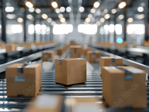 Cardboard Cartons on Conveyor Belt in Warehouse Logistics Center