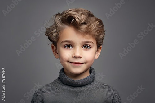 Portrait of a cute little boy in a gray sweater on a gray background