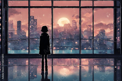 Nighttime reflections lofi manga wallpaper features a person in front of a metropolis and a sad yet lovely scene with a cityscape.