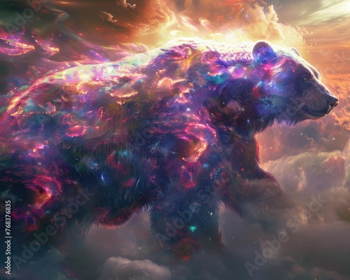 A digital art piece featuring a bear composed of vivid swirling galaxies