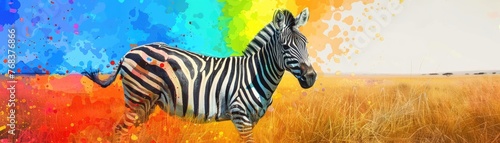 A surreal collage of a zebra its stripes morphing into a rainbow that bleeds into the savannah landscape