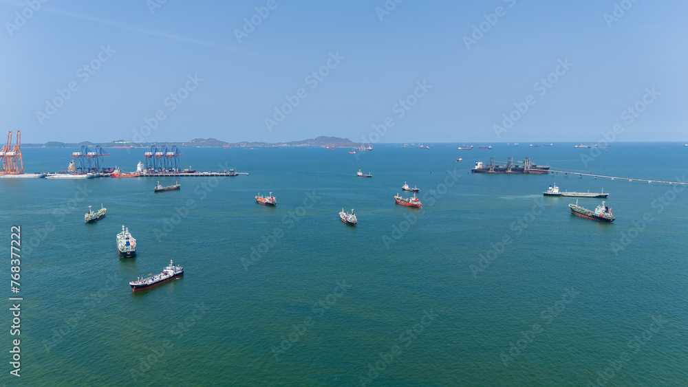 Many Oil Crude Gas Tanker Ship, Cargo container Ship offshore mooring at Ocean Bay Petroleum Chemical export import transportation and logistic