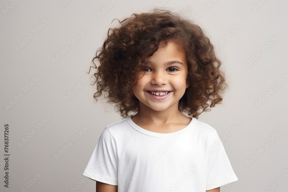 Portrait of a smiling little girl with curly hair over gray background Portrait of a smiling little girl with curly hair over gray background