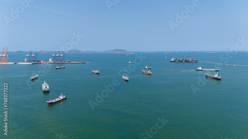 Many Oil Crude Gas Tanker Ship  Cargo container Ship offshore mooring at Ocean Bay Petroleum Chemical export import transportation and logistic